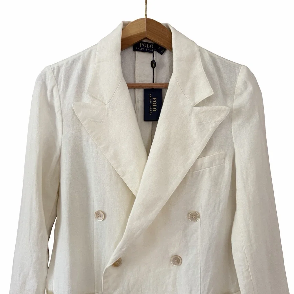 POLO Ralph Lauren Women Double Breasted Linen Blazer Size 6 White Coastal Preppy